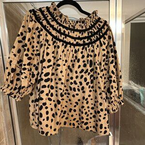 Crown & Ivy Black and Tan Spotted Ruffle Blouse